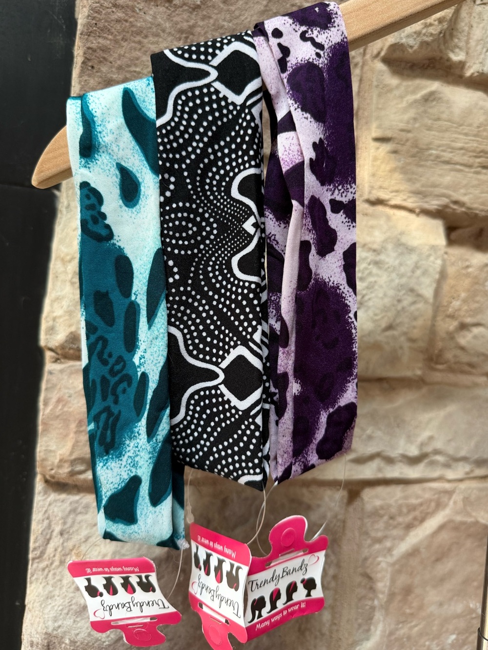 3 New Trendy Bands Printed Stretch Headbands in Teal, Black, Purple